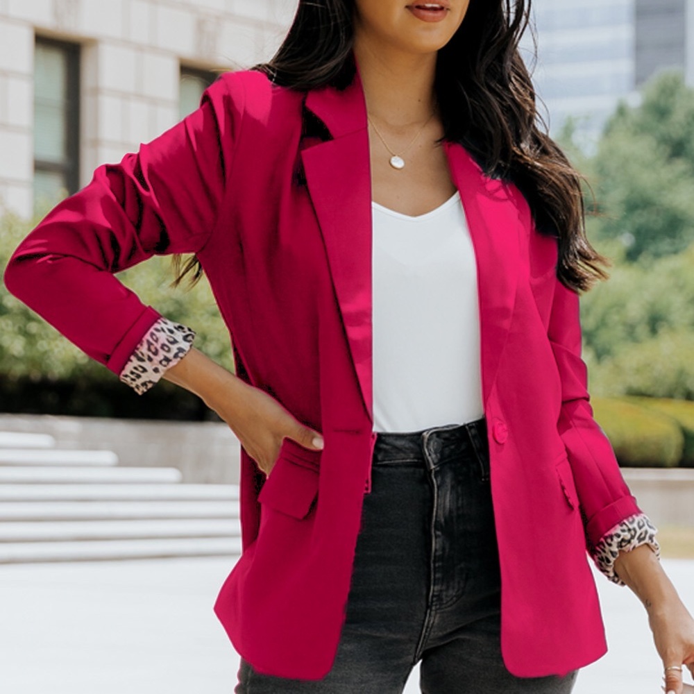 Leopard Lined One-Button Lapel Collar Blazer- Rose